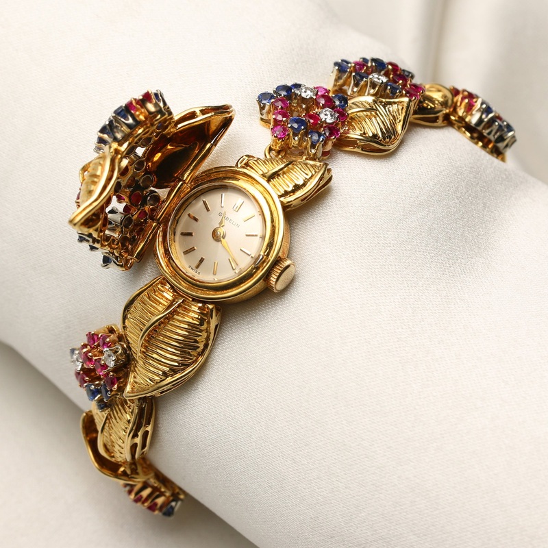 Rare Gbelin Diamond, Ruby & Sapphire Ladies Wristwatch in 18k Yellow Gold Circa 1960’s
