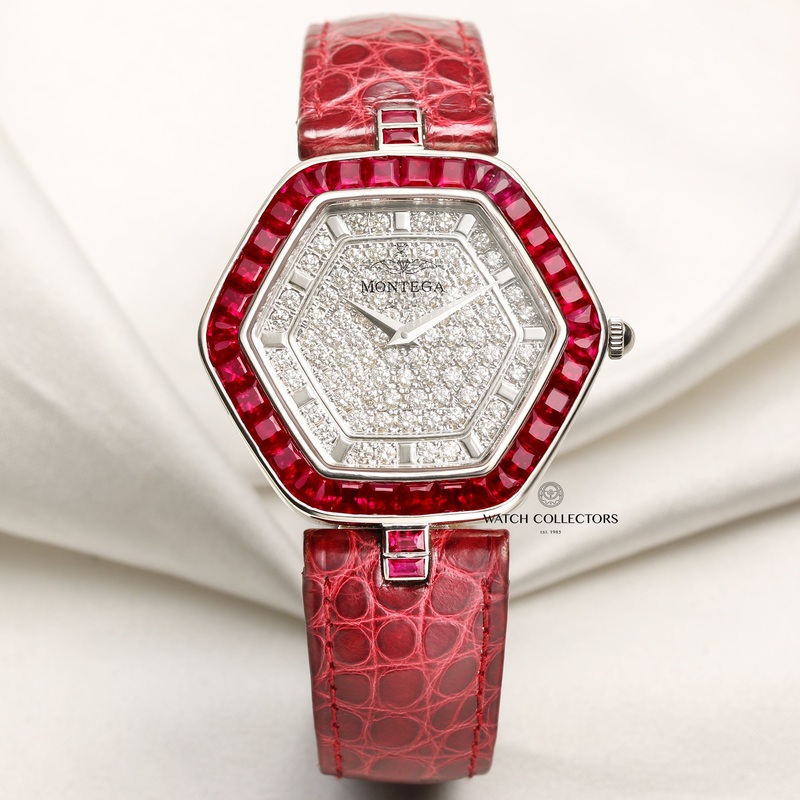 Rare Montega Ruby Princess Cut Bezel & Pave Diamond Dial 18k White Gold