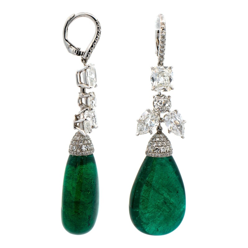Eclat Jewels Platinum Emerald and Diamond Drop Earrings
