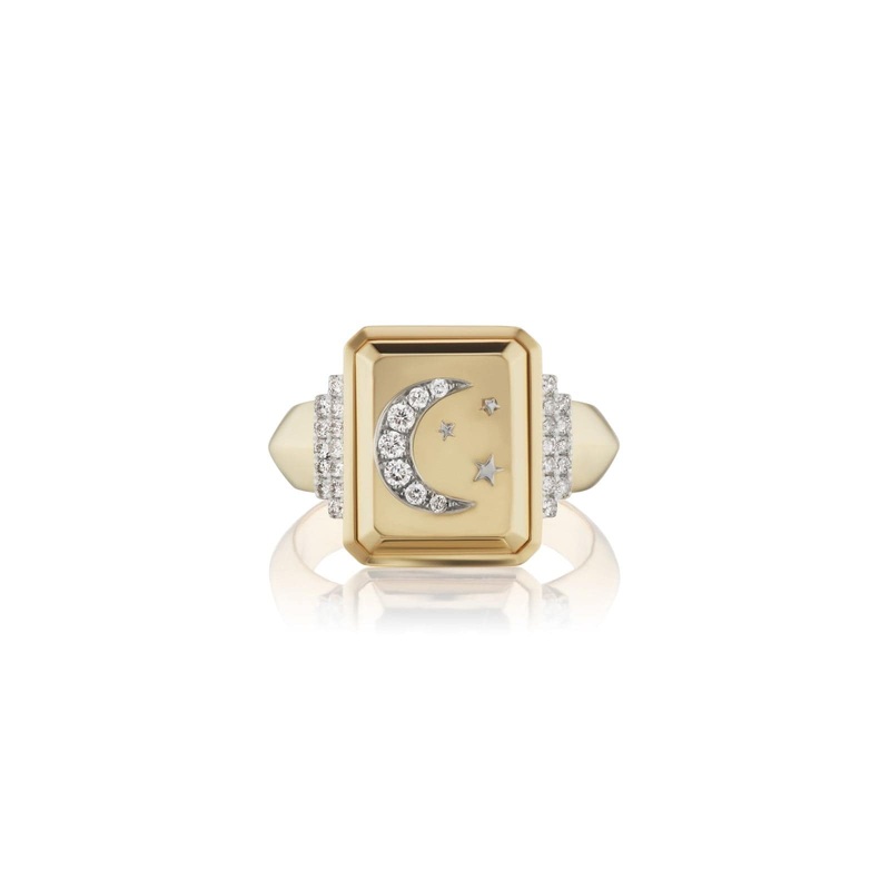 Sorellina 18K Yellow Gold Crescent Moon Pave Signet Ring