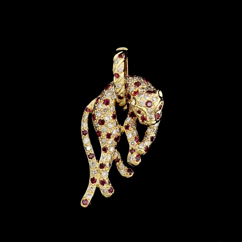 18K Yellow Gold Estate Ruby and Diamond Panther Enhancer