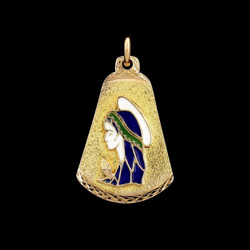 18K Yellow Gold Estate Enamel Mother Mary Pendant