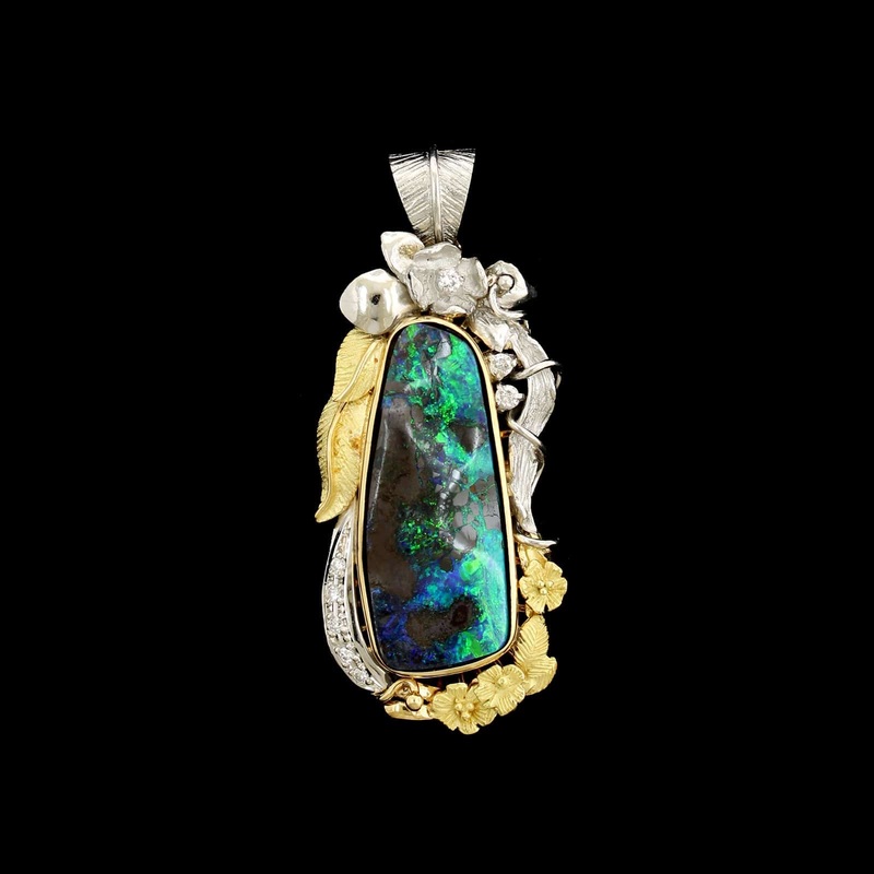 18K Yellow Gold, Platinum Estate Boulder Opal and Diamond Pendant