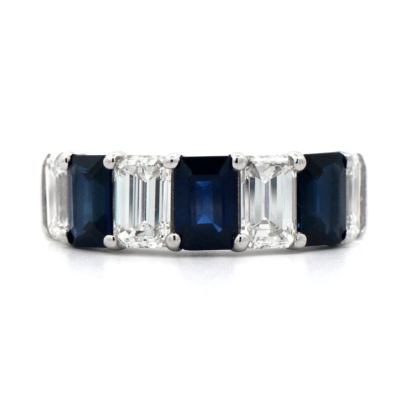 Platinum Shared Prong Alternating Emerald Cut Diamond and Sapphire Band