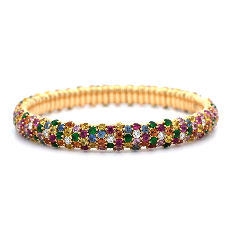 Zydo 18K Yellow Gold Pave Set Diamond, Sapphire, and Multi Gem Stretch Bracelet