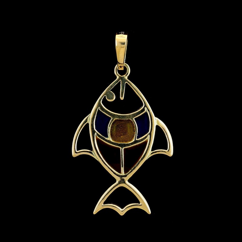 18K Yellow Gold Estate Glass Inlay Fish Pendant