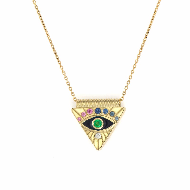 Three Stories 14K Yellow Gold Double Sided Evil Eye Sapphire and Diamond Necklace