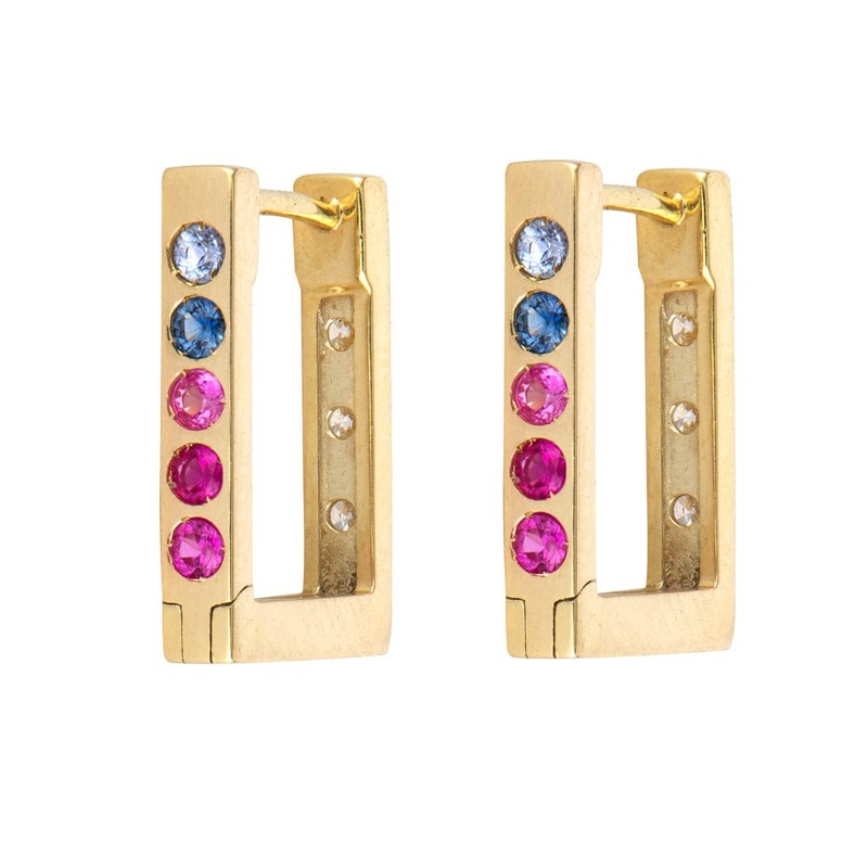 Three Stories 14K Yellow Gold Double Sided Sapphire and Diamond Rectangular Hoops