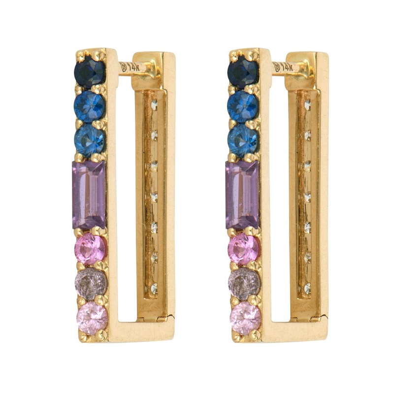 Three Stories 14K Yellow Gold Large Double Sided Oval Sapphire and Diamond Rectangular Hoops