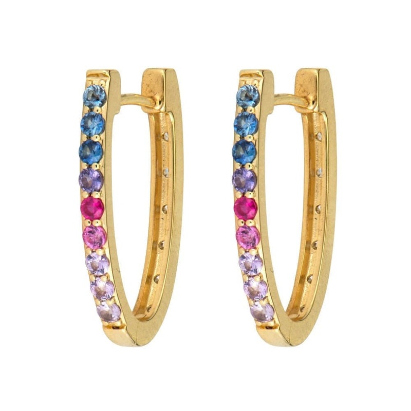 Three Stories 14K Yellow Gold Medium Double Sided Oval Sapphire and Diamond Hoops