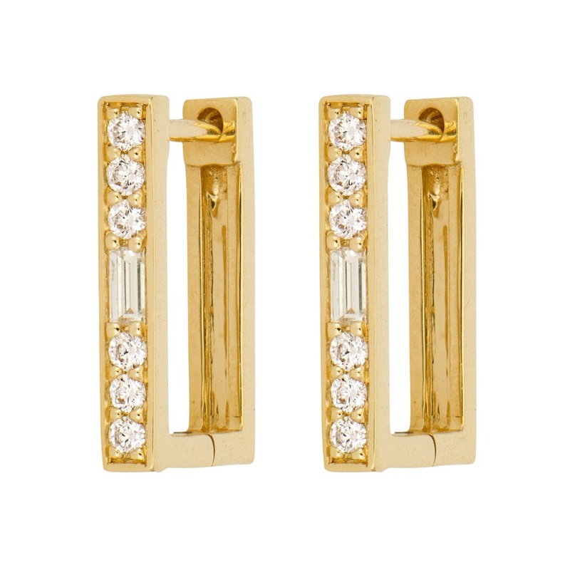 Three Stories 14K Yellow Gold Medium Pave Diamond Rectangular Hoops