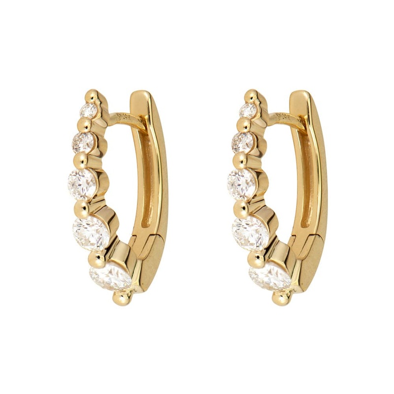 Three Stories 14K Yellow Gold Small Oval Graduated Diamond Huggie Hoops