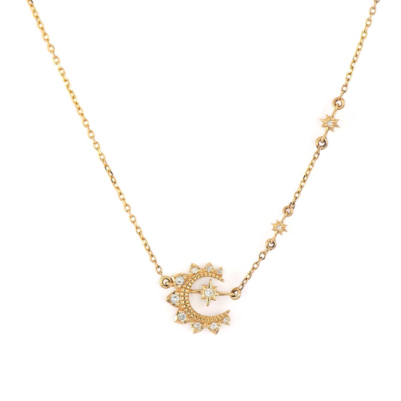 Three Stories 14K Yellow Gold Wish On A Star Crescent Moon Diamond Necklace