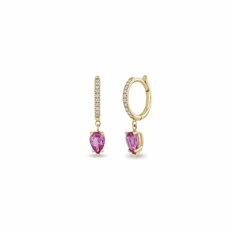 Zoe Chicco 14K Yellow Gold Pink Sapphire and Pave Diamond Huggie Hoops