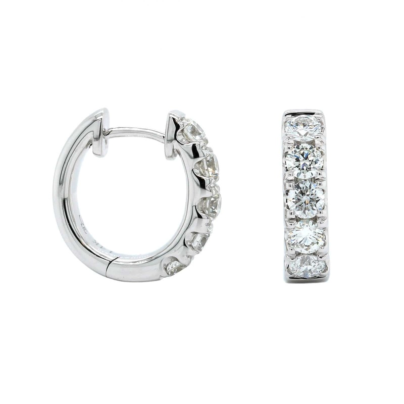 14K White Gold 5 Stone Diamond Huggie Earrings