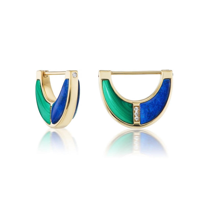 Sorellina 18K Yellow Gold Turquoise, Malachite, and Diamond Capri Inlay Huggie Earrings