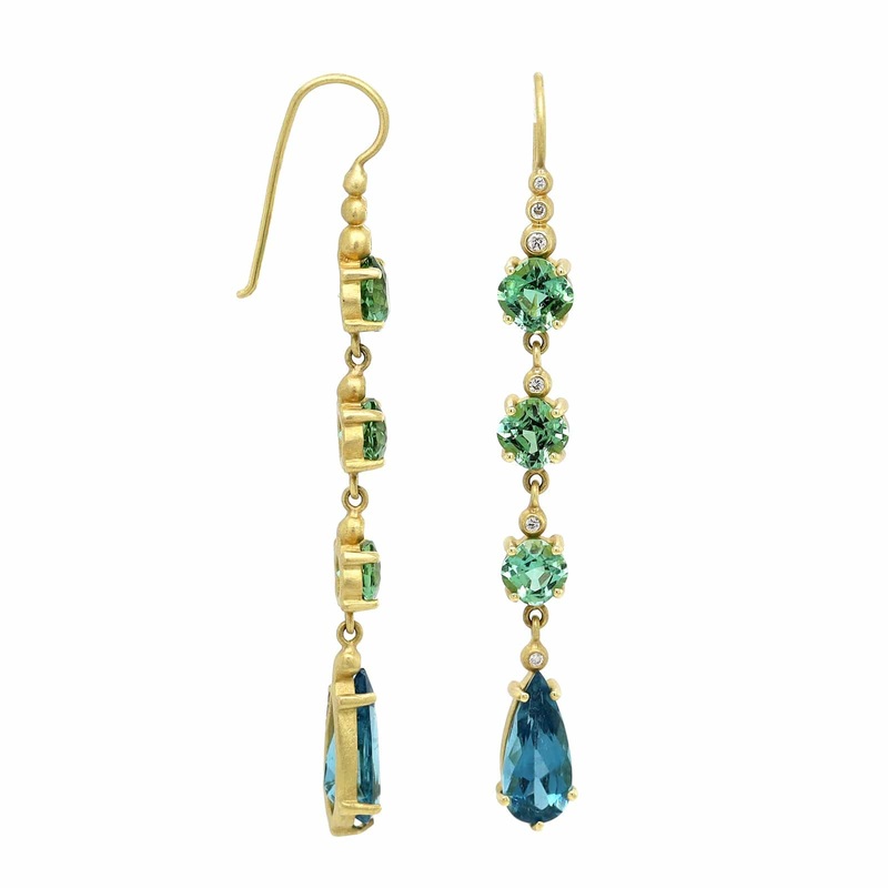 Suzy Landa 18K Yellow Gold Green and Blue Tourmaline Drop Earrings