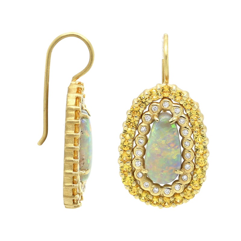 Suzy Landa 18K Yellow Gold Opal, Sapphire, and Diamond Earrings