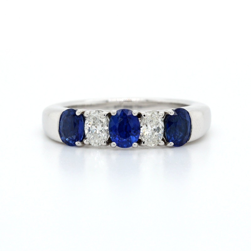 Platinum Prong Set Alternating Oval Diamond and Sapphire Band