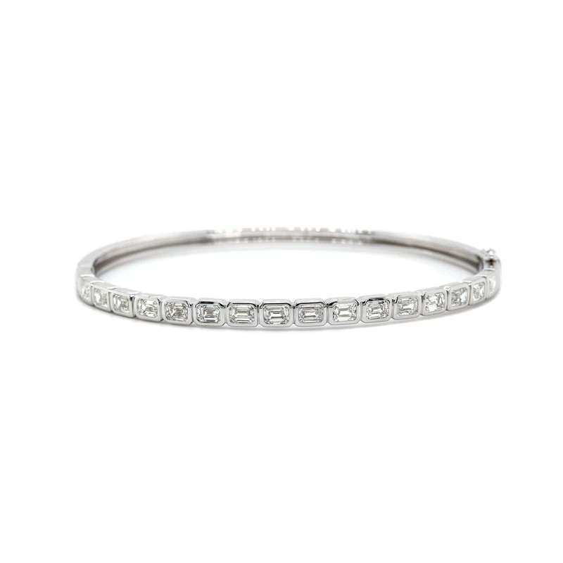 14K White Gold Bezel Set Emerald Cut Diamond Bangle Bracelet