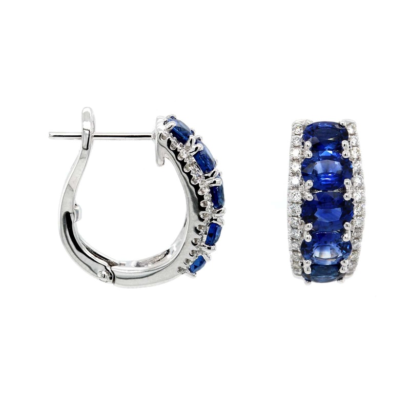 14K White Gold Blue Sapphire and Diamond Huggie Earrings
