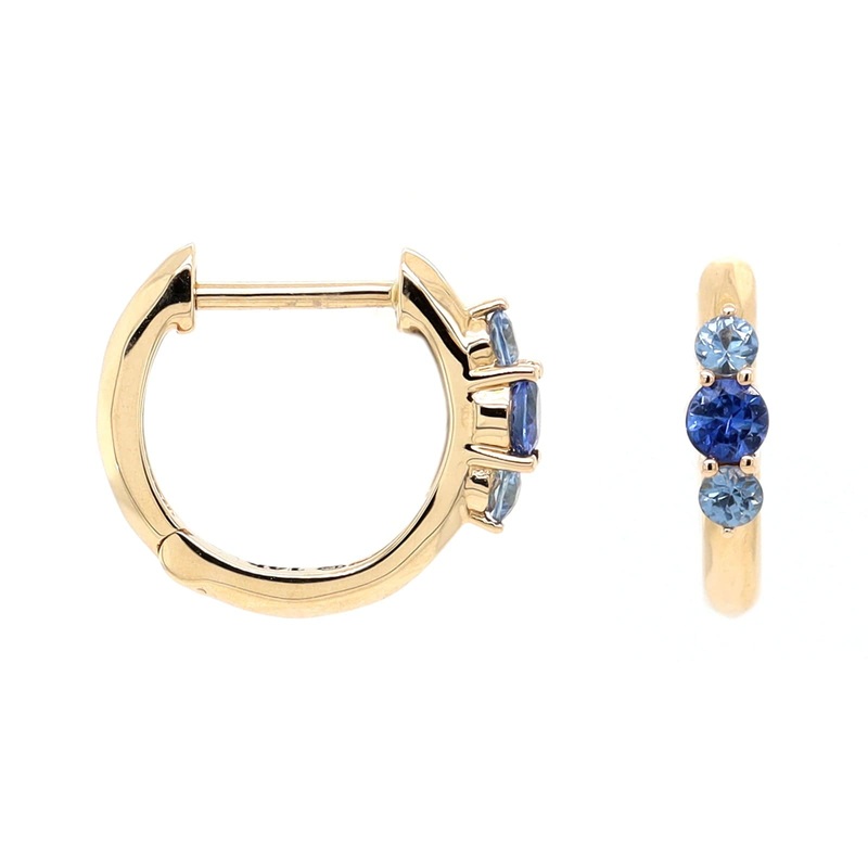Three Stories 14K Yellow Gold Small 3 Blue Sapphire Prong Hoops
