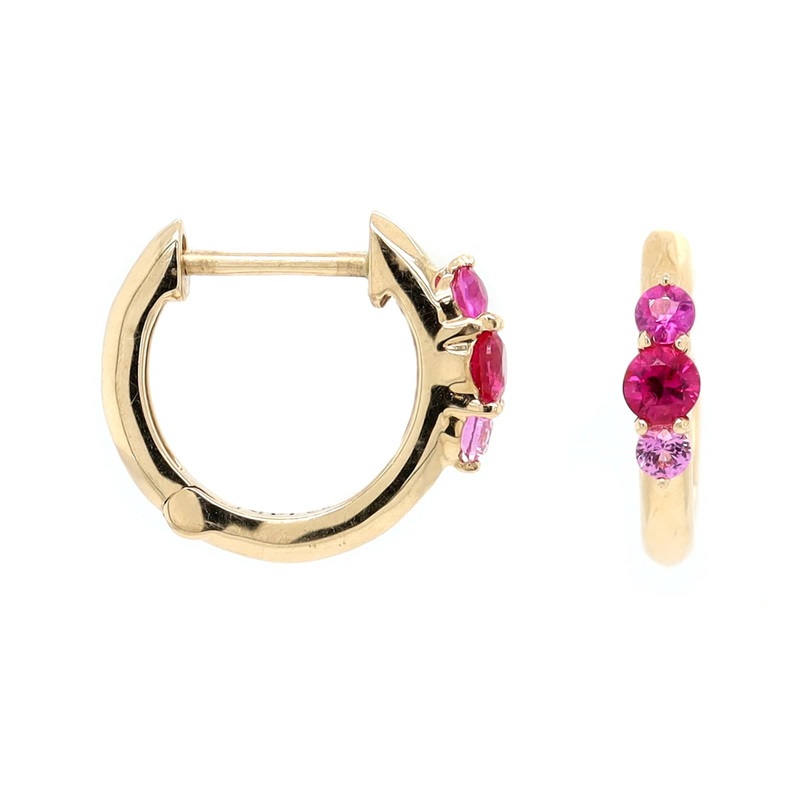 Three Stories 14K Yellow Gold Small 3 Pink Sapphire Prong Hoops