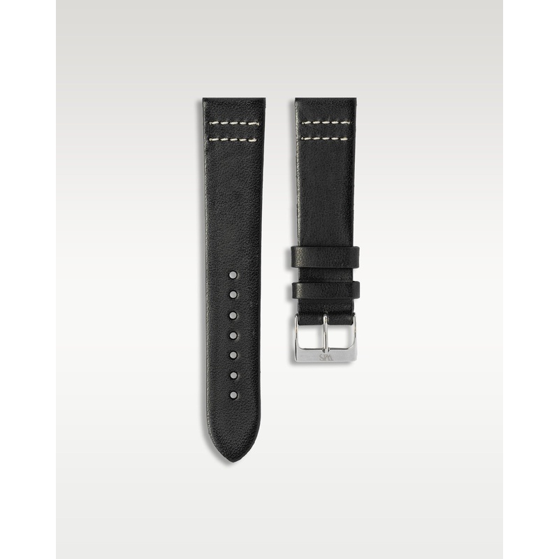 Handmade Italian Leather Strap in Black with White Stitching