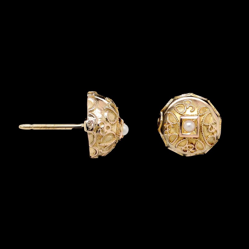 14K Yellow Gold Estate Cultured Pearl Etruscan Revival Earrings