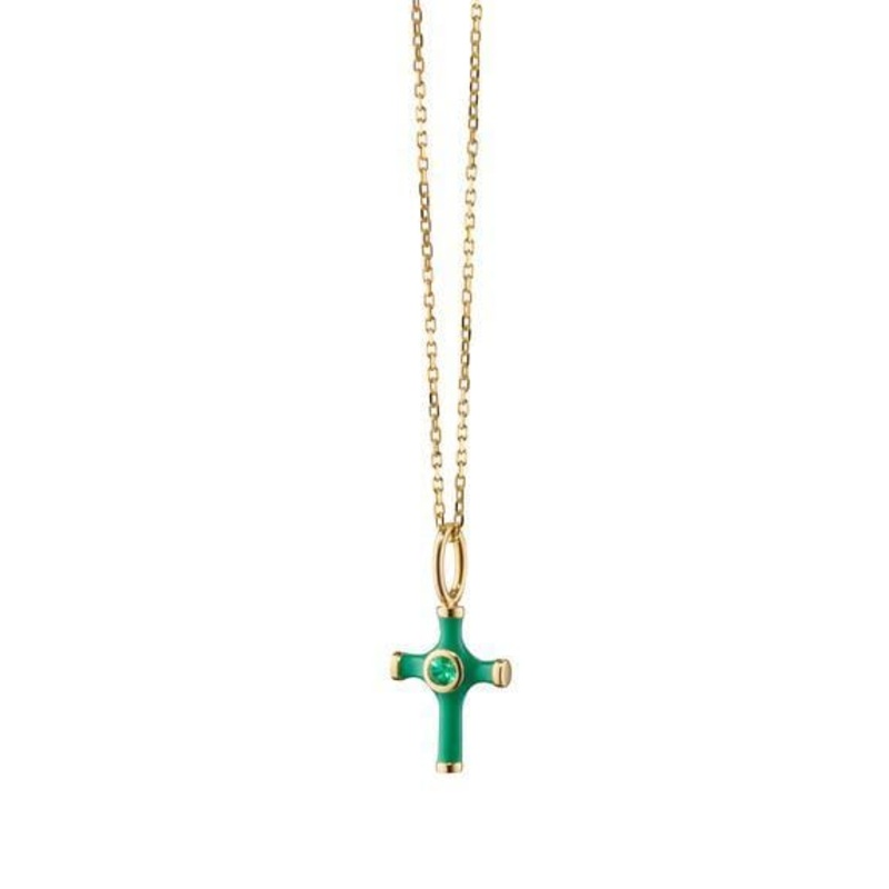 18K Yellow Gold Green Enamel and Emerald Cross Necklace