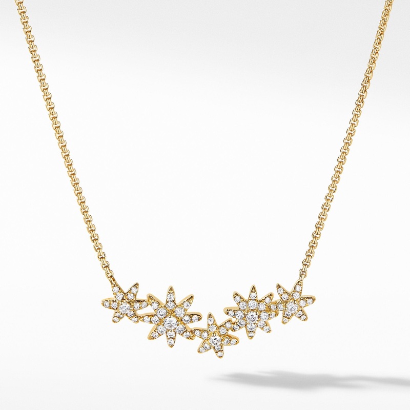Starburst Cluster Station Necklace in 18K Yellow Gold with Pav Diamonds