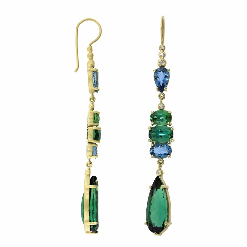 Suzy Landa 18K Yellow Gold Tourmaline and Aquamarine Drop Earrings
