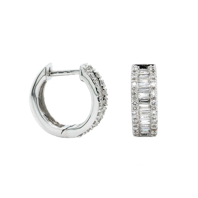 14K White Gold Baguette Huggie Earrings