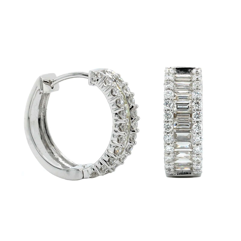 14K White Gold Baguette and Round Diamond Huggie Earrings