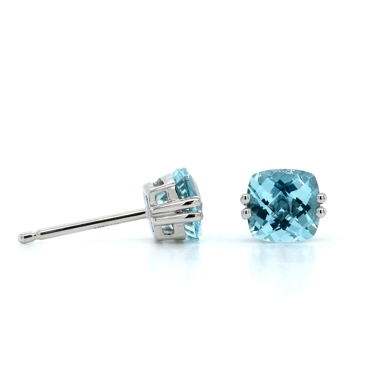 14K White Gold Cushion Aquamarine Stud Earrings