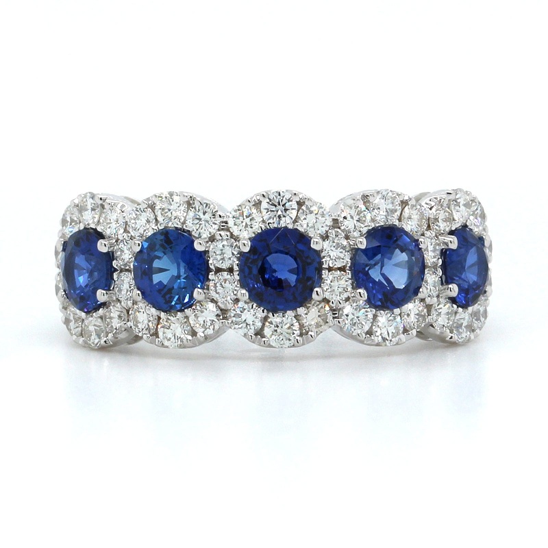 18K White Gold 5 Stone Sapphire Diamond Halo Band