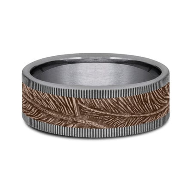 14K Rose Gold Feather Design Center Grey Tantalum Edge Band