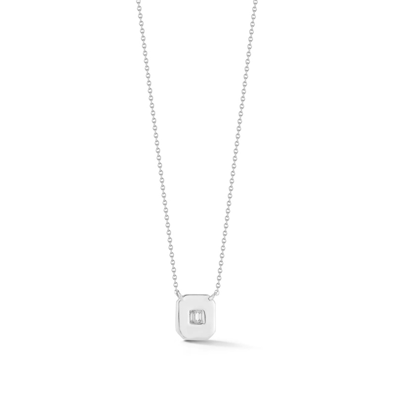 14K White Gold Baguette Diamond Tag Necklace