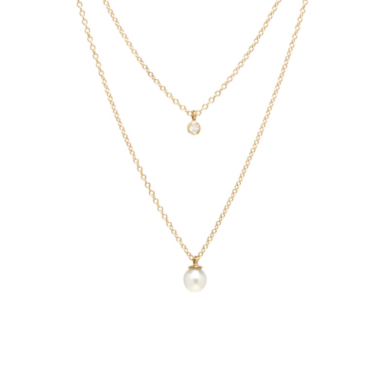 Zoe Chicco 14K Yellow Gold Double Chain Pearl and Diamond Necklace