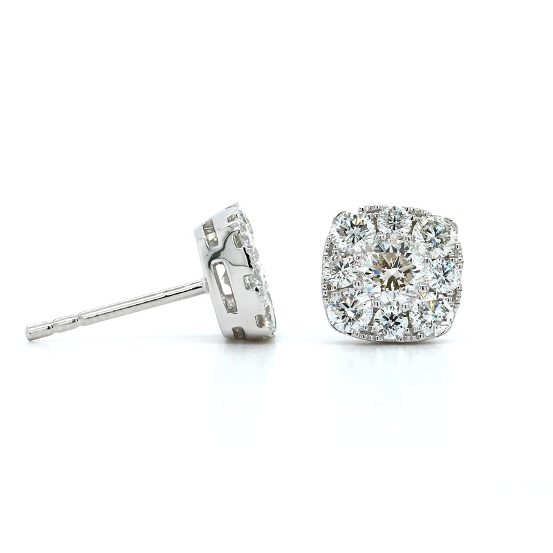 14K White Gold Cushion Shape Diamond Halo Stud Earrings