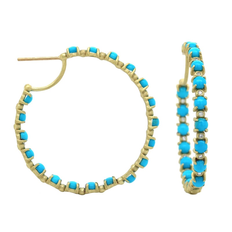 Suzy Landa 18K Yellow Gold Cabochon Turquoise Diamond Hoop Earrings