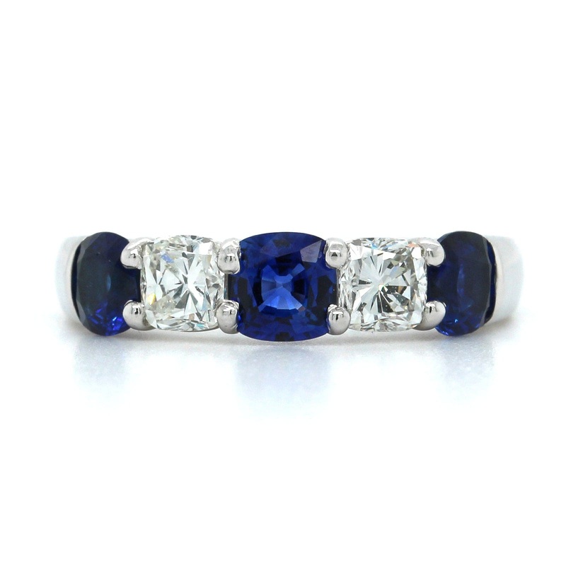 Platinum Shared Prong Cushion Sapphire and Diamond Band