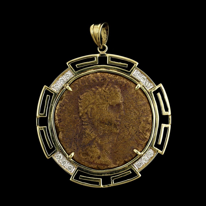 14K Yellow Gold Estate Ancient Style Coin and Diamond Pendant