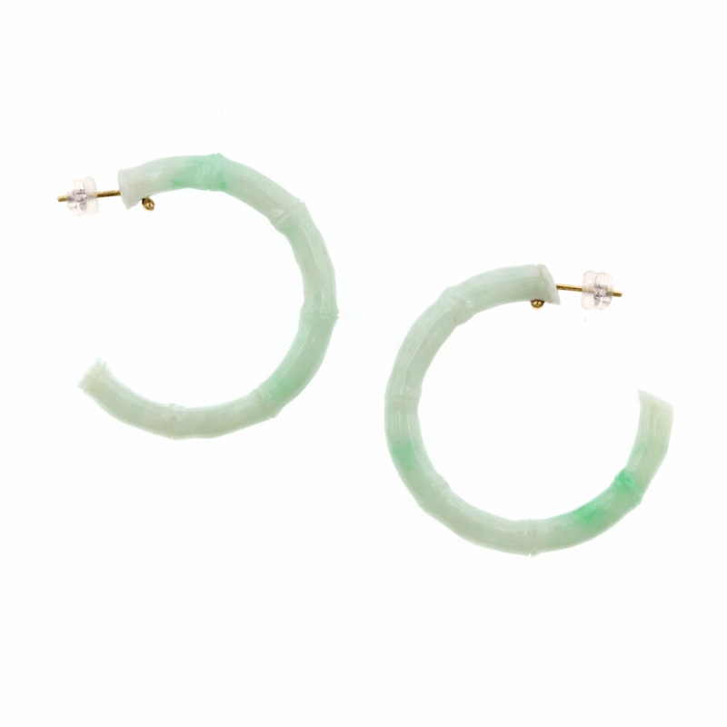 Yellow Gold Jade Bamboo Hoop Earrings