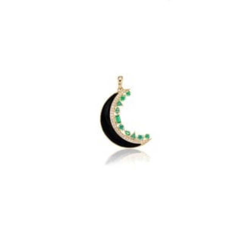 Sorellina 18K Yellow Gold Onyx and Emerald Moon Pendant