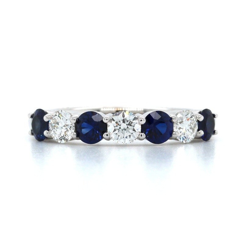 18K White Gold 7 Stone Alternating Round Sapphire and Diamond Band