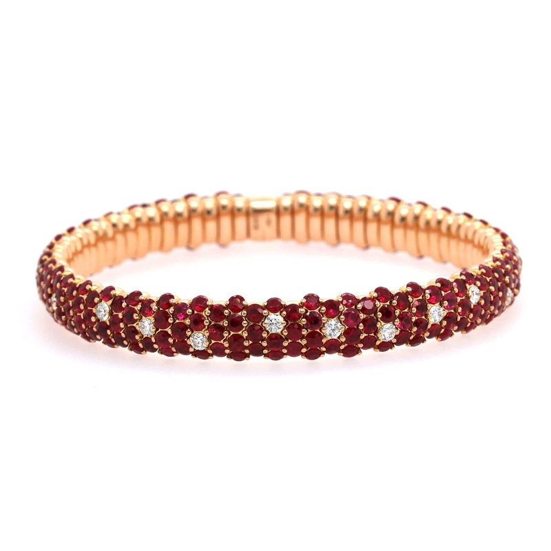 Zydo 18K Yellow Gold Prong Set Alternating Ruby & Diamond Stretch Bracelet