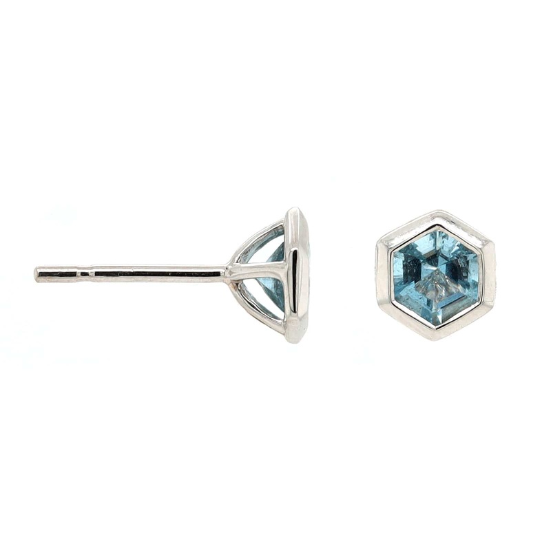 18K White Gold Aquamarine Hexagon Stud Earrings