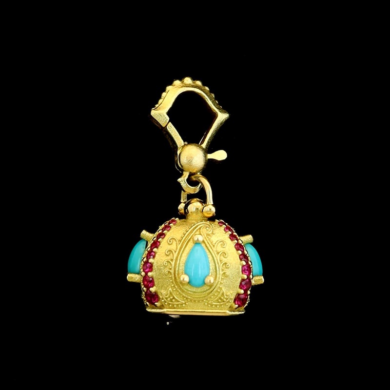 Paul Morelli 18K Yellow Gold Estate Turquoise and Ruby Meditation Bell Pendant