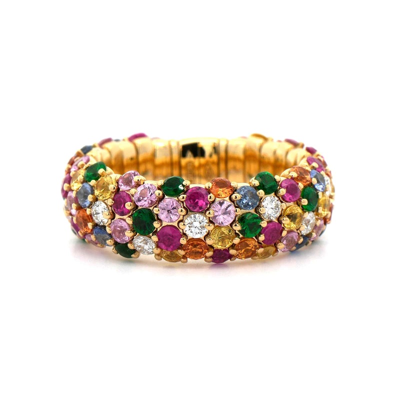 Zydo 18K Yellow Gold Multi Color Sapphire and Diamond Stretch Ring